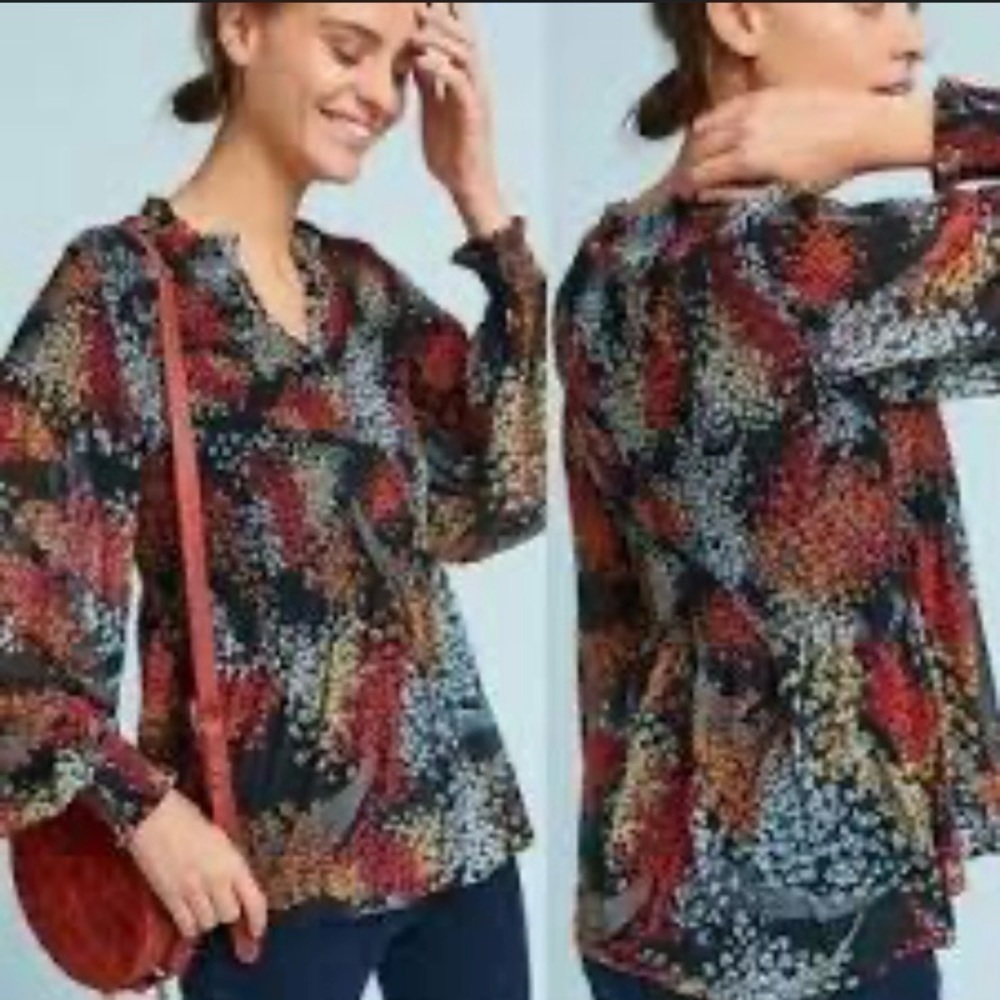 Anthropologie Akemi + Kin Black Floral Long Sleeve Smocked Blouse Top Medium
